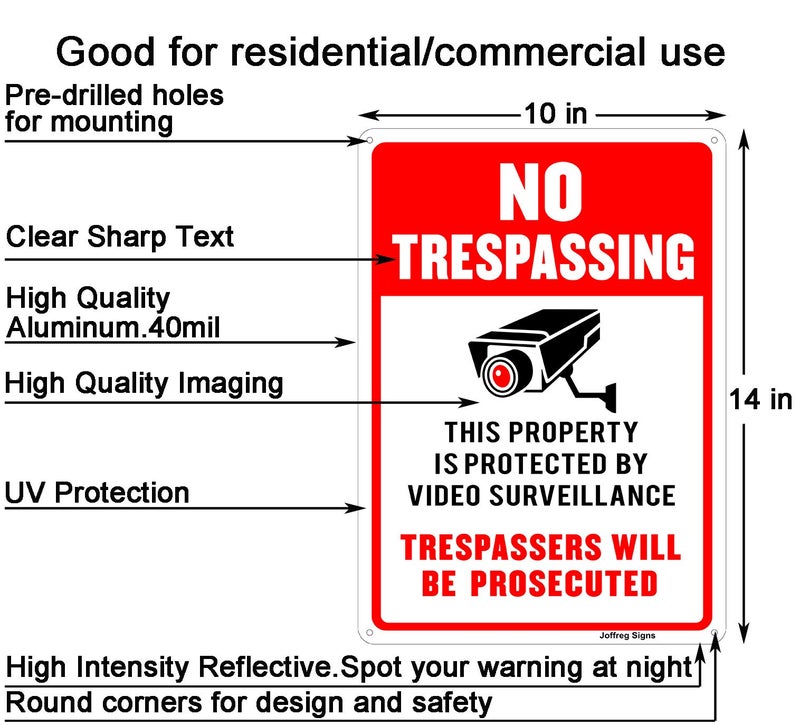 Joffreg Video Surveillance No Trespassing Sign, CCTV Security Camera,14 x 10 Inches,Reflective Aluminum,UV Printed,Weather Resistant,Waterproof,Durable Ink,Easy to Mount,Indoor Or Outdoor Use,2 Pack - Image 3